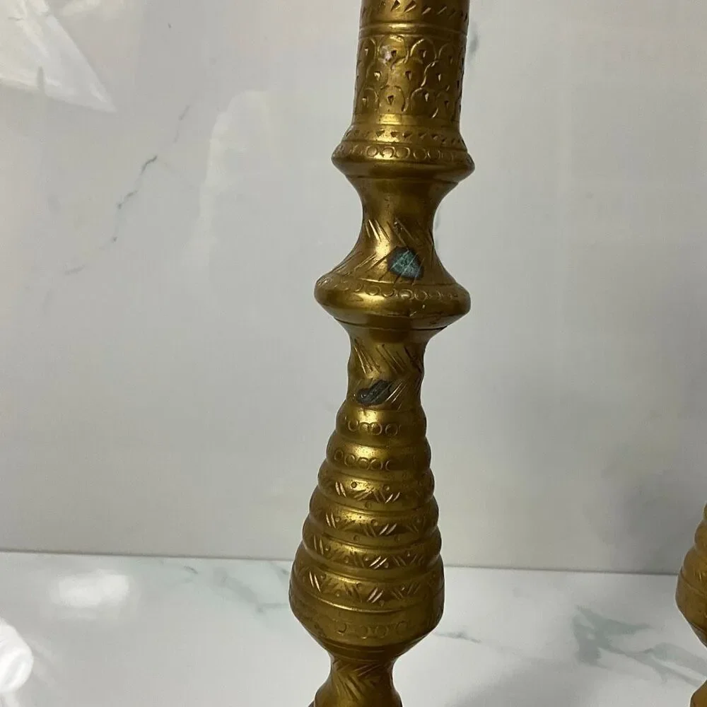 Pair Of VINTAGE Etched Brass Candle Holders